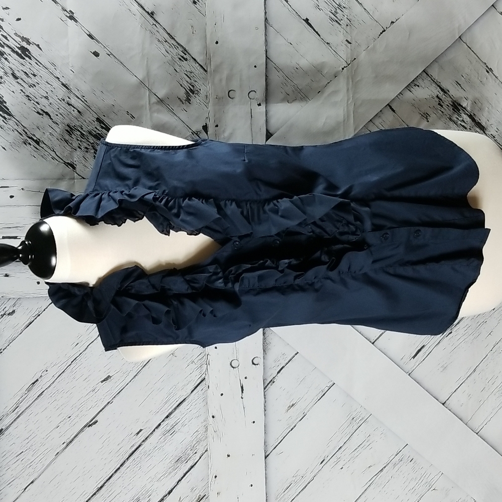 Katherine Barclay Navy Ruffled Sleeveless Button-Down Shirt